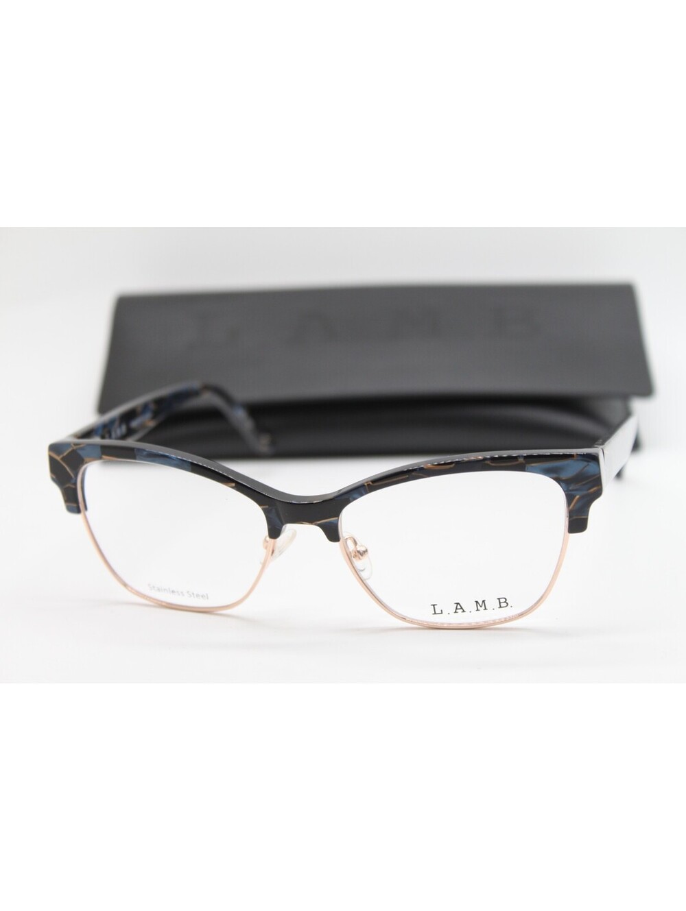 NEW L.A.M.B. LA064 BLU BLUE GOLD AUTHENTIC EYEGLASSES W/CASE 53-17
